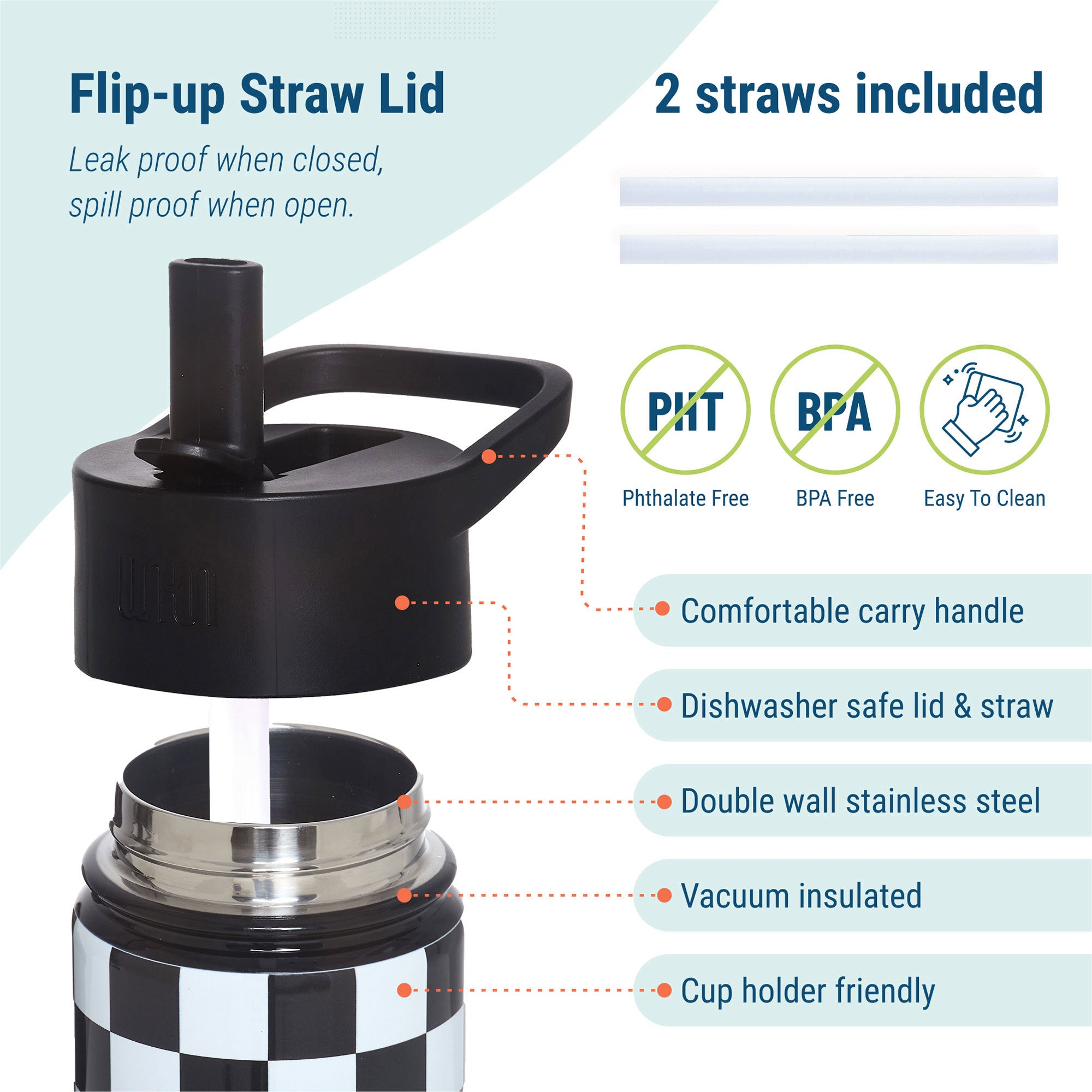 Black and White Checkered Steel Water Bottle