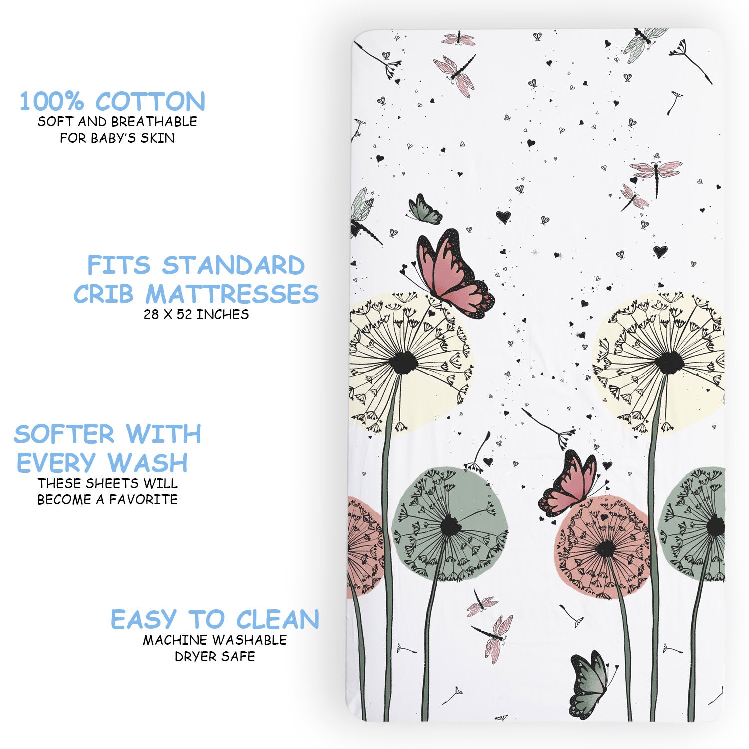 100% Cotton Fitted Crib Sheet - Dandelion Dreams