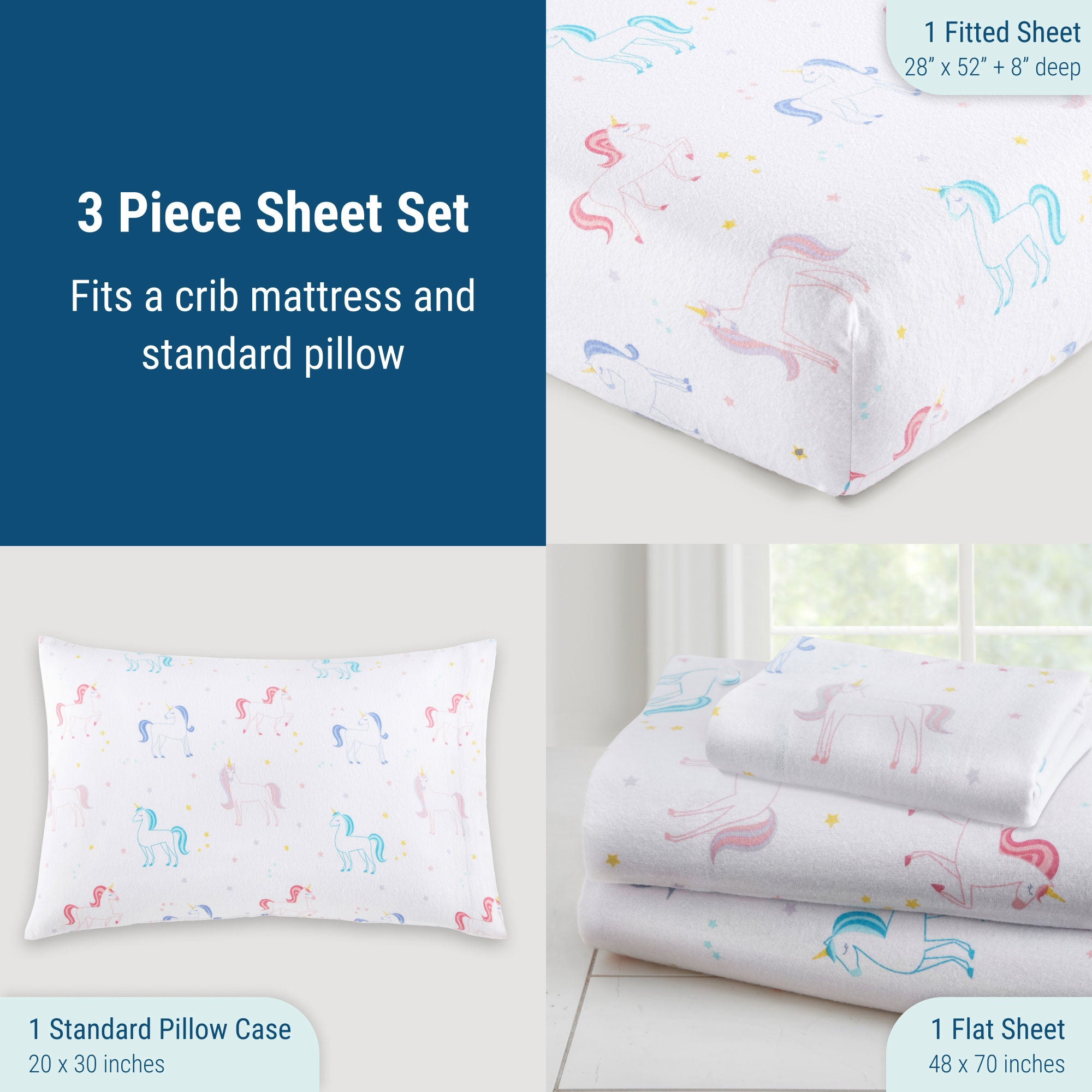 Unicorn 100% Cotton Flannel Sheet Set