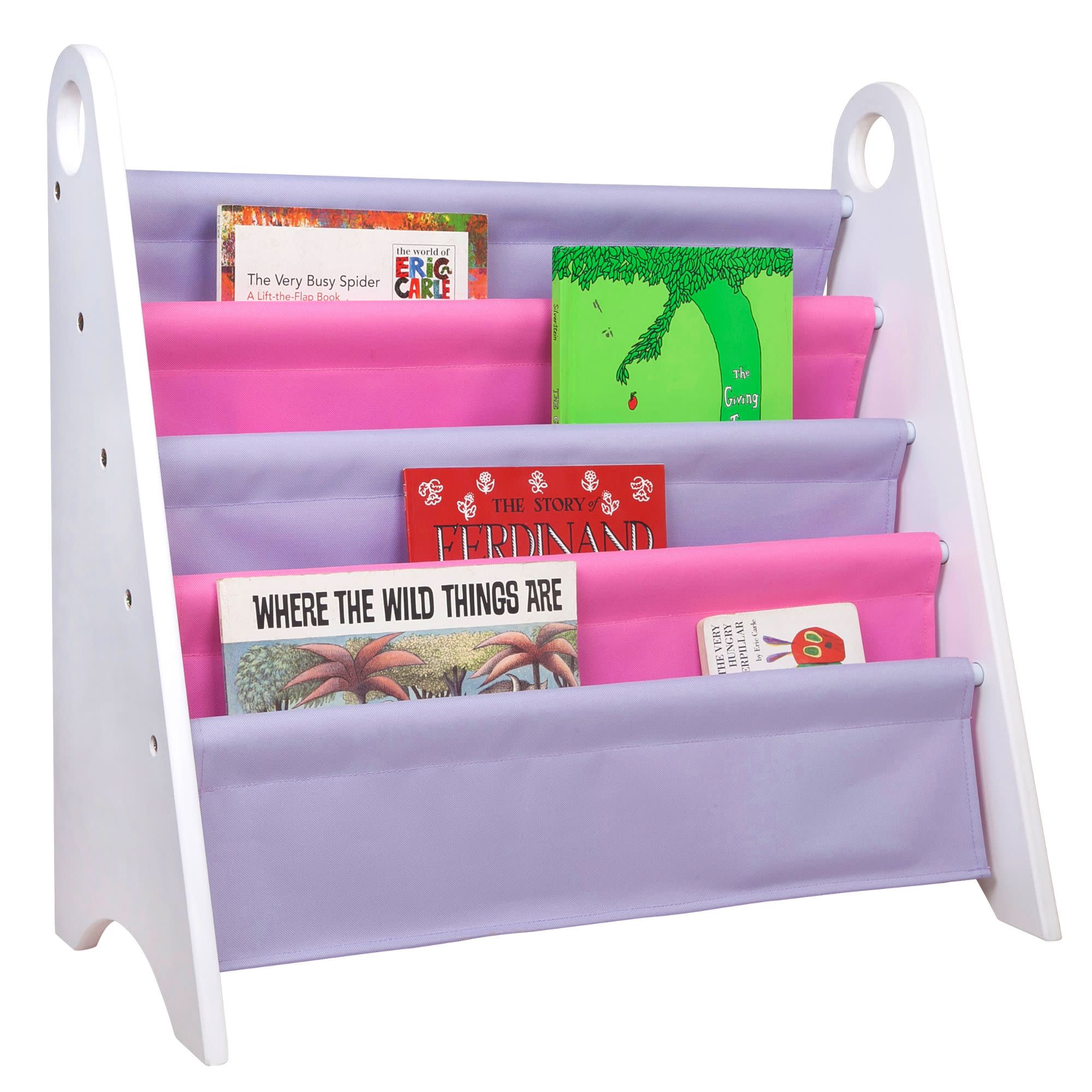 Premium Modern Sling Bookshelf - White Wood w/ Pink and Purple