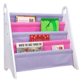 Premium Modern Sling Bookshelf - White Wood w/ Pink and Purple