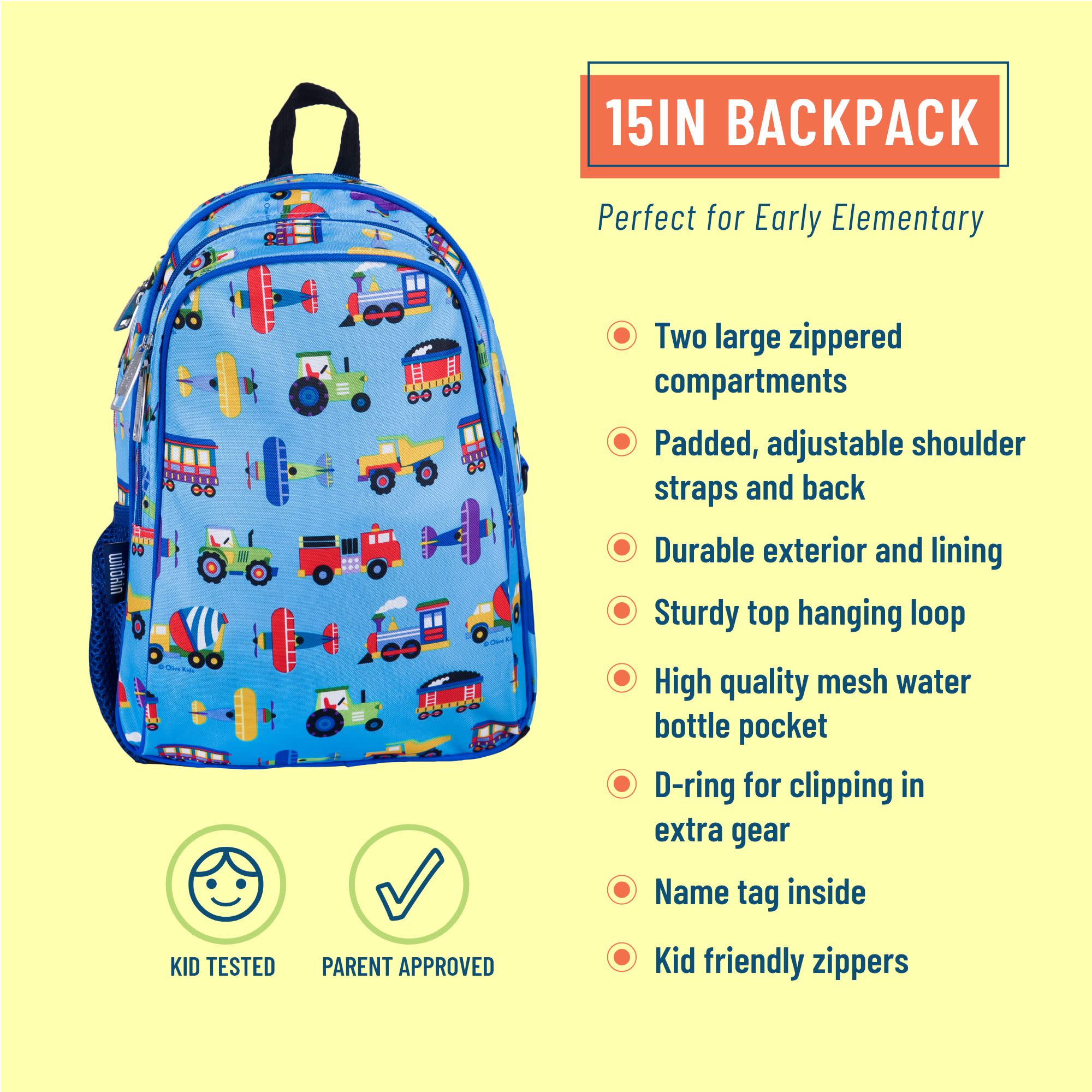 Wildkin Kids 12 Inch Backpack for Toddler Boys and Girls, Insulated Front  Pocket (Trains, Planes & Trucks Blue)