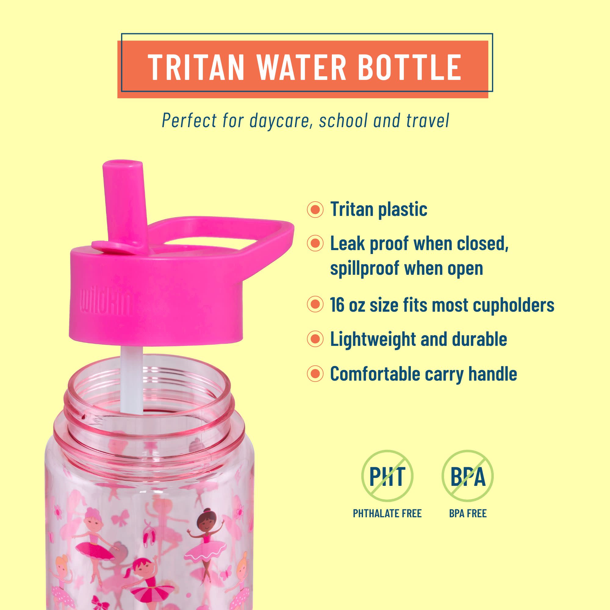 Wildkin Kids 16 oz Tritan Plastic Water Bottle for Boys & Girls (Ballerina)