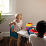 Modern Table & Chair Set - White Table Natural Legs w/ Blue Chairs