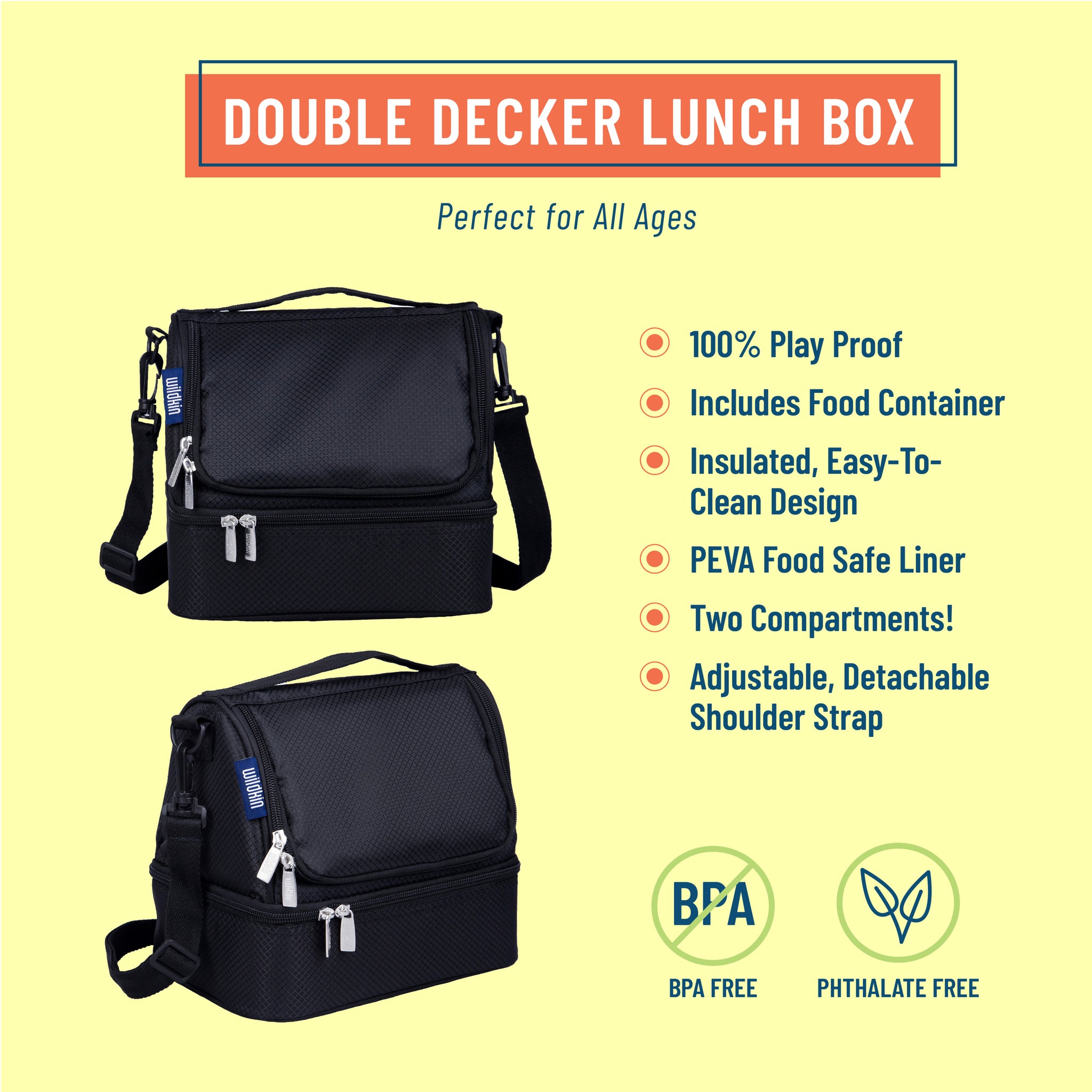 Insulated Lunch Box - Dual Compartment Lunchbox Bag Tote with Zipper Closure - Black