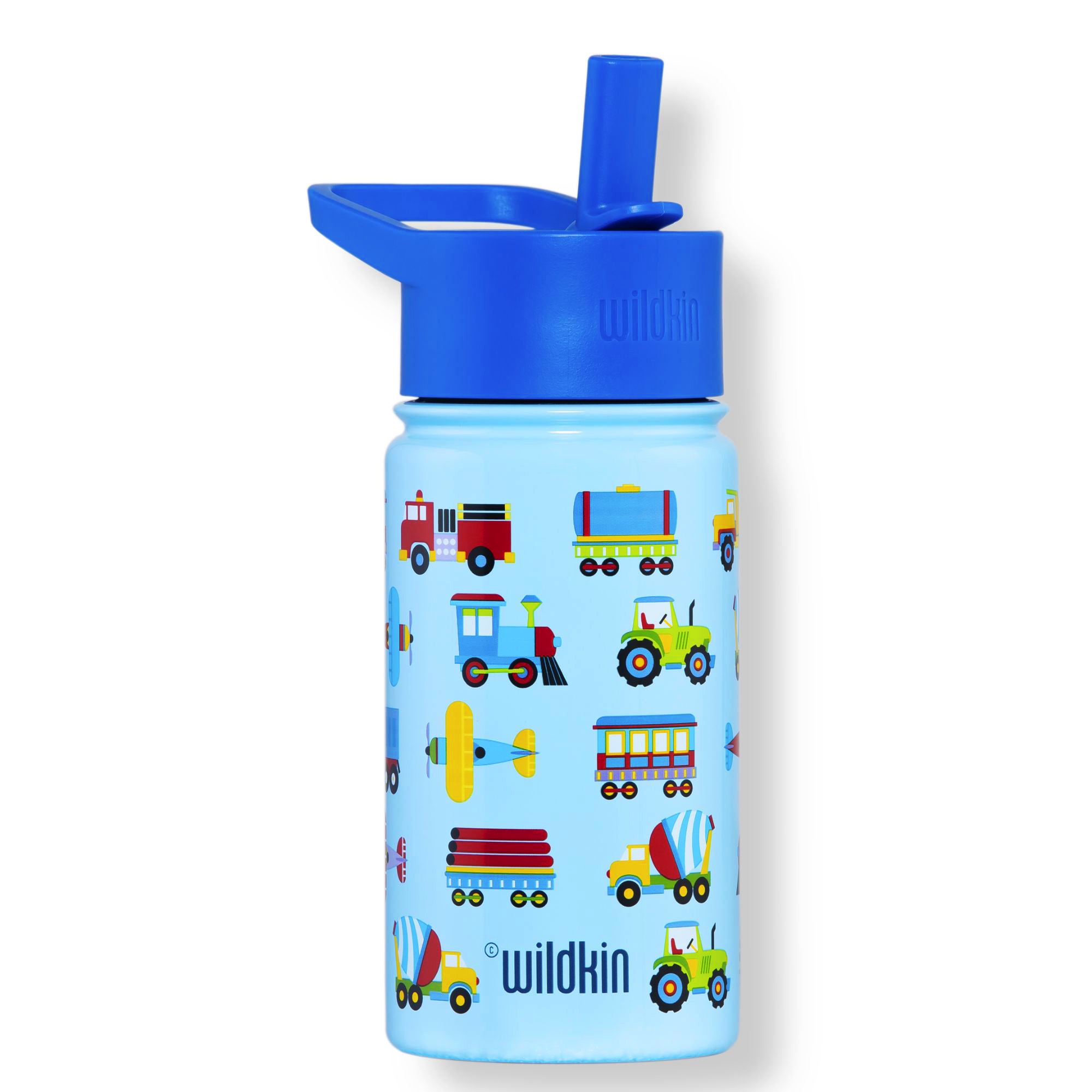 Wildkin Kids Reusable 16 Ounce Water Bottle for Boys and Girls, With Straw  Top and Carrying Handle (Trains, Planes & Trucks)