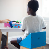 Modern Table & Chair Set - White Table Natural Legs w/ Blue Chairs